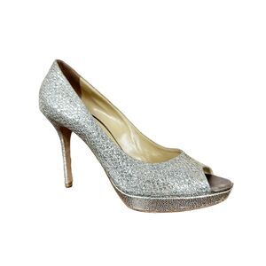 Jimmy Choo Heels Women's 38.5 Peep Toe Glitter Platform Pumps Silver Stilettos